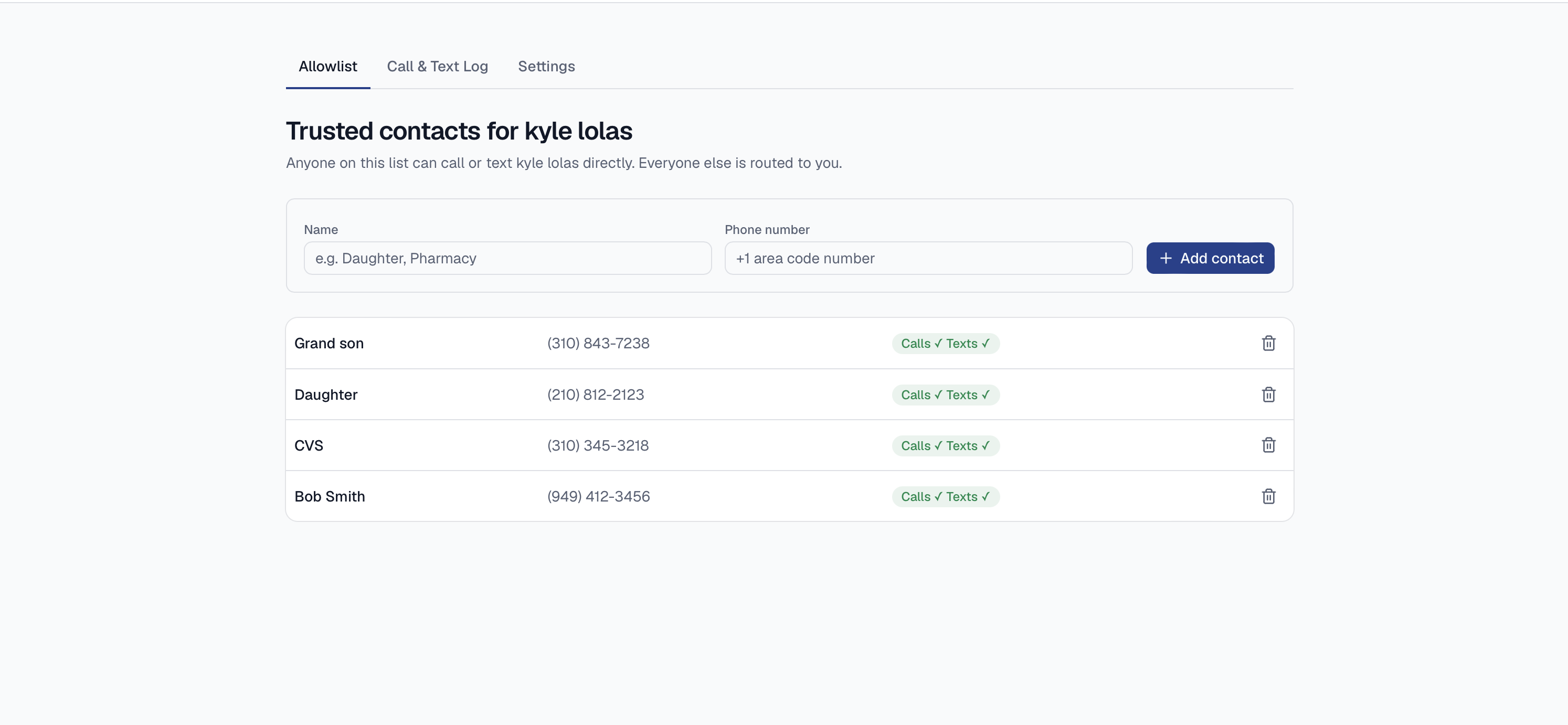 HAPS admin dashboard showing call log, trusted contacts, and screening controls